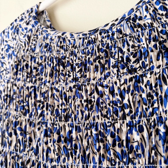 Boden | Smocked Bodice Jersey Dress Leaf Print Long Sleeves Blue Tan Size 8 Long - Picture 5 of 10